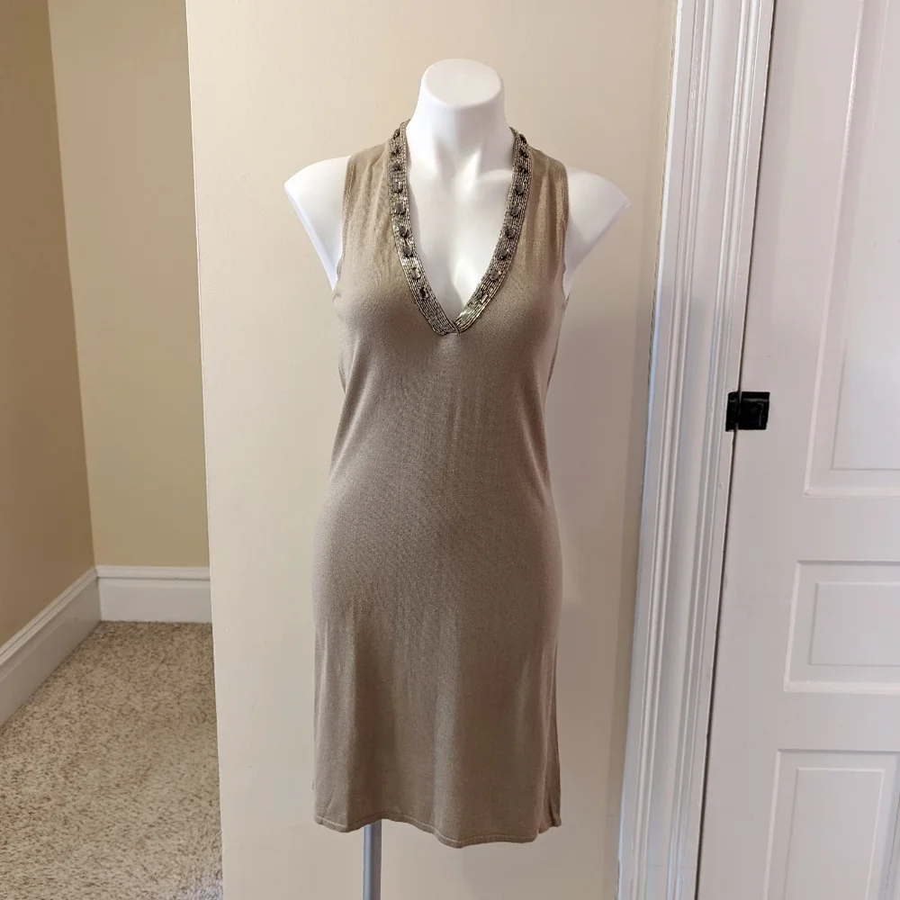 Magaschoni tan beaded neckline silk/cashmere blend tank sweater dress. - Picture 1 of 9